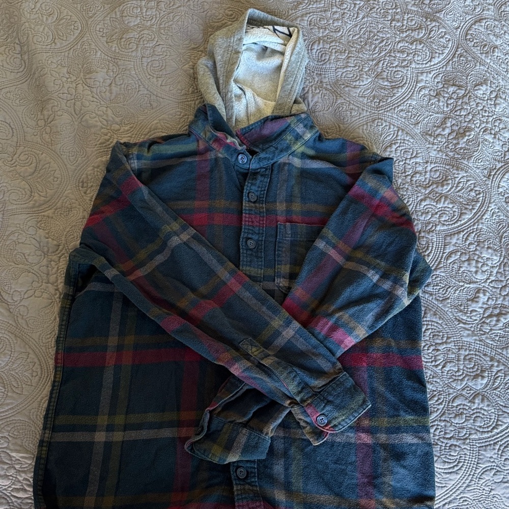 Hollister Gray and Blue Plaid Hooded Shirt